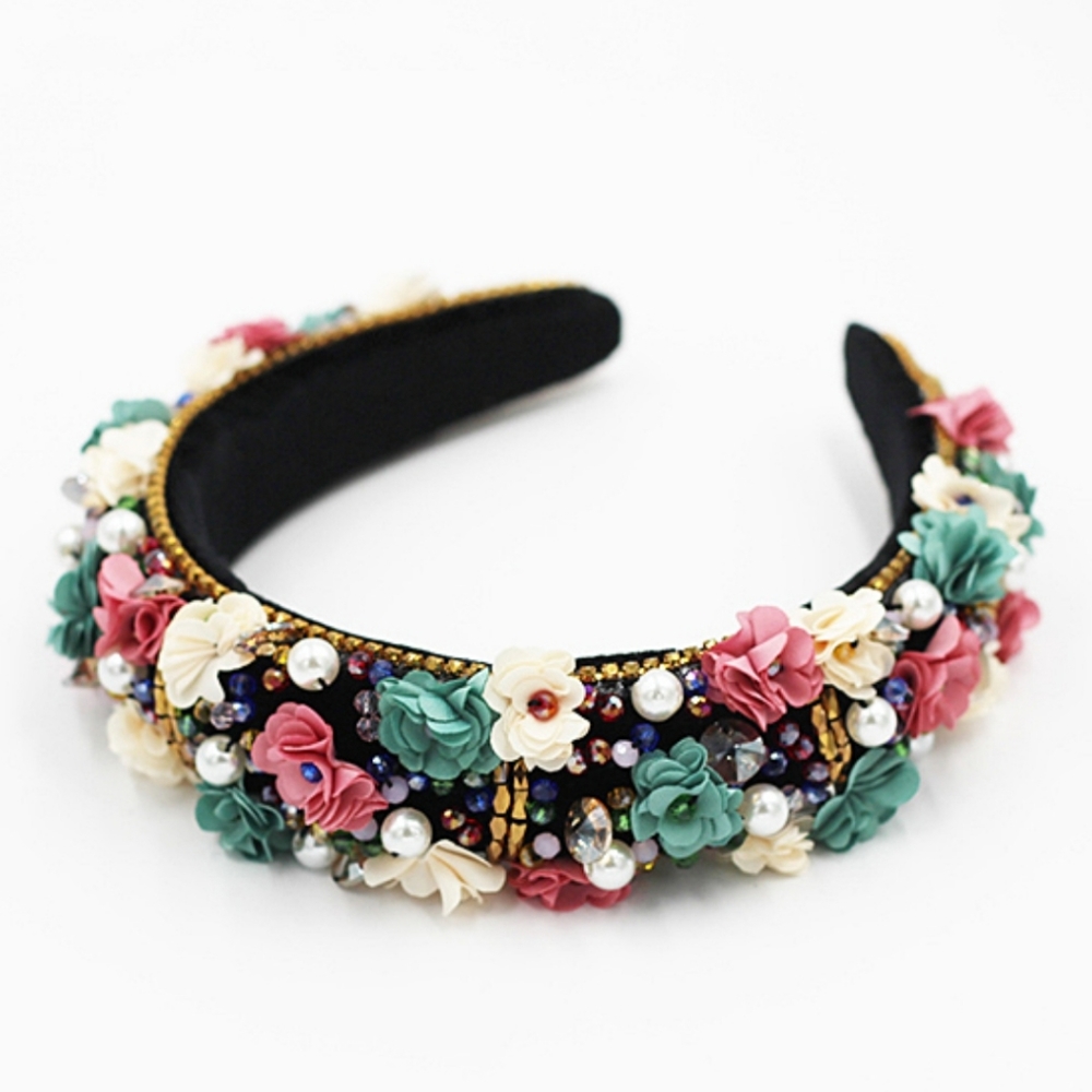 Floral Fairy Headband with Faux Pearls, Crystals, and Fabric Flowers